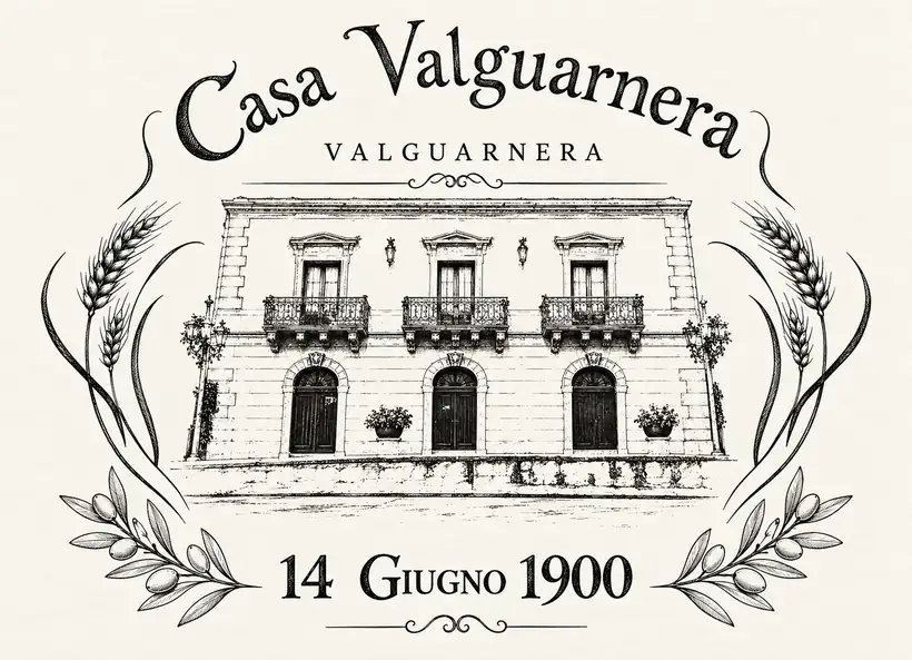 Casa Valguarnera, Valguarnera, 14 giugno 1900: incisione della facciata del palazzo tra spighe di grano e rami d'ulivo